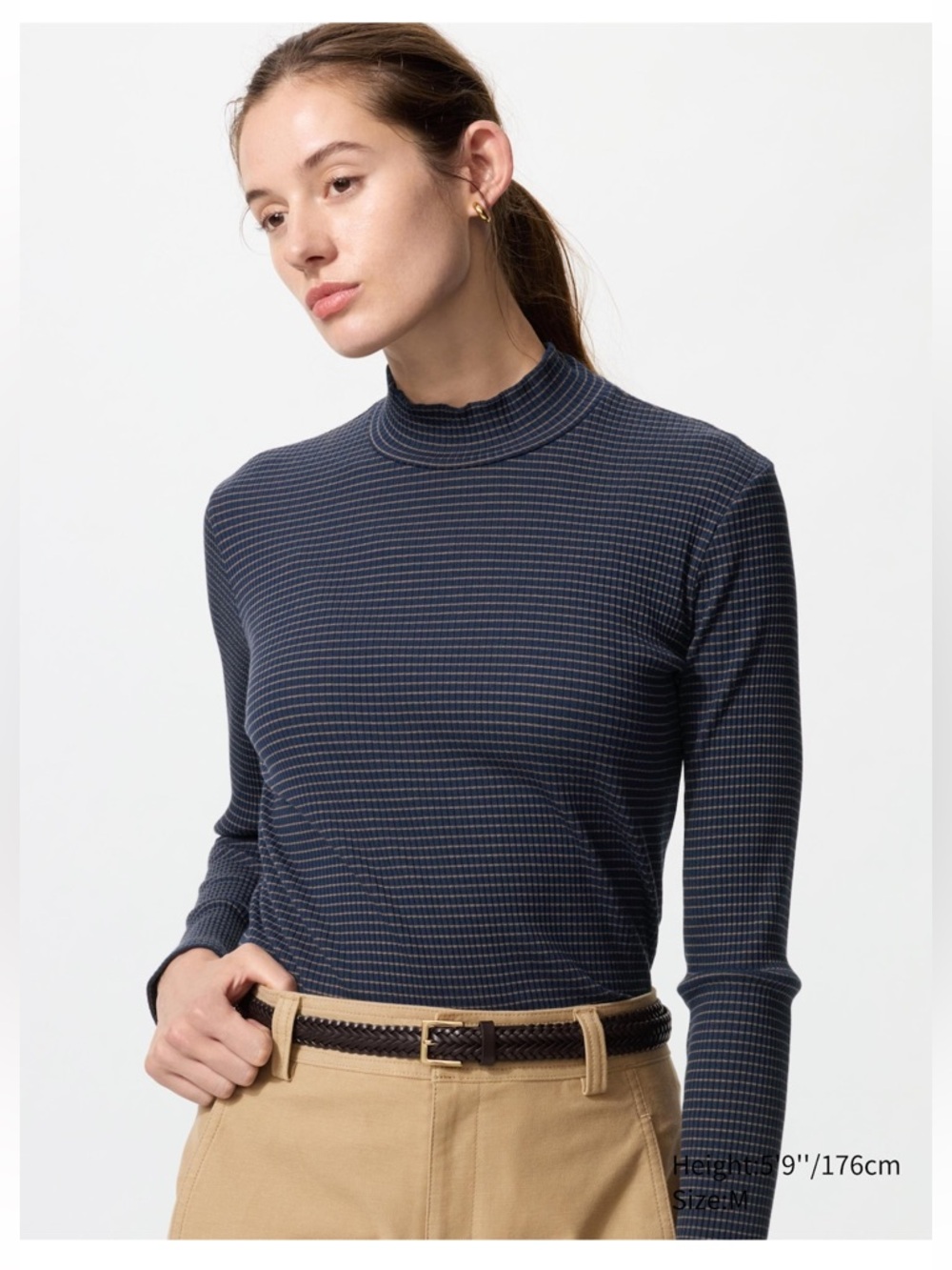 UNIQLO Women’s XS Ribbed High Neck Long Sleeve T-Shirt - Navy Striped